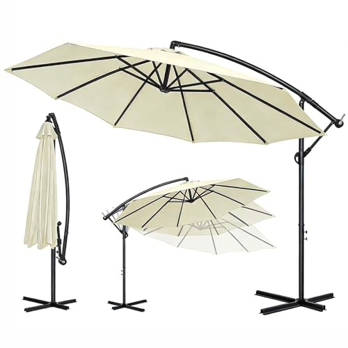 Ferzone Parasol Déporté Ø 3m avec Manivelle, Parasol de Jardin Exterieur Anti-UV & résistant au vent, Sun umbrella Petit Rotatif à 360 ° pour Marché Balcon Terrasse Piscine (Beige)