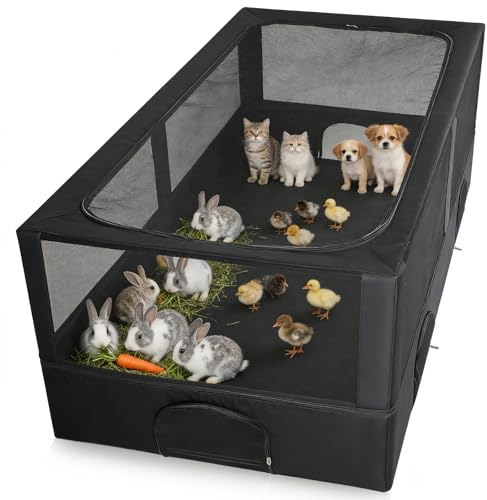Freilaufgehege Kaninchen, Pet Freigehege mit Oberer Abdeckung & Wasserdichtem Bodenfutter, Reißverschluss, 162 * 82 * 58cm Zerlegbarer Zaun für Haustiere mit 4 kleinen Türen, für Hamster, Kaninchen