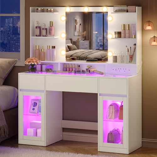 VASAGLE Dressing Table with LED Lights, Power Outlets, Modern Vanity Table with Light Strip, 3 Drawers, 2 Cabinets, Transparent Top, 8 Storage Shelves, Cloud White KAILYN RDT145WB02