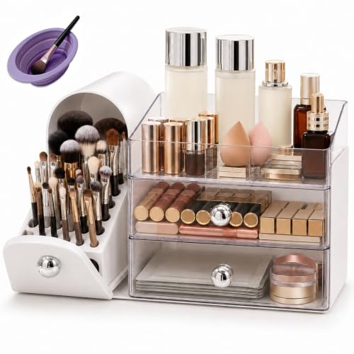 RAWNICE Makeup Organiser for Dressing Table with Brush Holder,Skincare Organizer with Drawers,Vanity Organiser for Bathroom,Desk,Countertop,Cosmetics Storage Box for Beauty Essentail