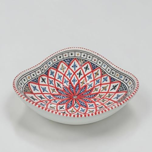 Generico Insalatiera in Ceramica 30 cm Fatta a Mano, Portafrutta Artigianale Bianco e Rosso Design Carciofo, Ciotola da Tavola per Insalata e Frutta, Linea Arabesque