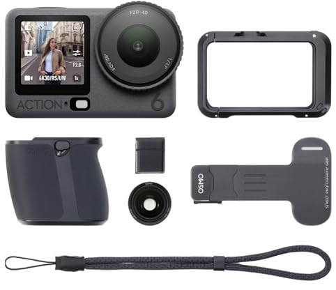 DJI Osmo Action 6 Street Photography Advanced Combo, 8K Action Camera | 1/1.1″ Square Sensor; f/2.0–f/4.0 Variable Aperture; 4hrs Battery; With Hand Grip, Cold-Shoe Shutter Button, and Macro Lens