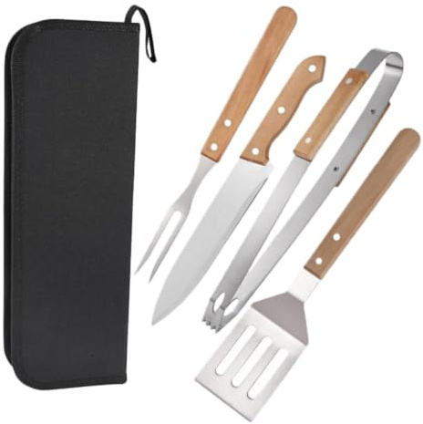 VALICLUD Set D'outils de Barbecue en Acier Inoxydable, Spatule Cuisine et Pince à Fourchette pour Barbecue Portable, Manche en Bois, Léger, Ergonomique, pour Extérieur, pour Soulever