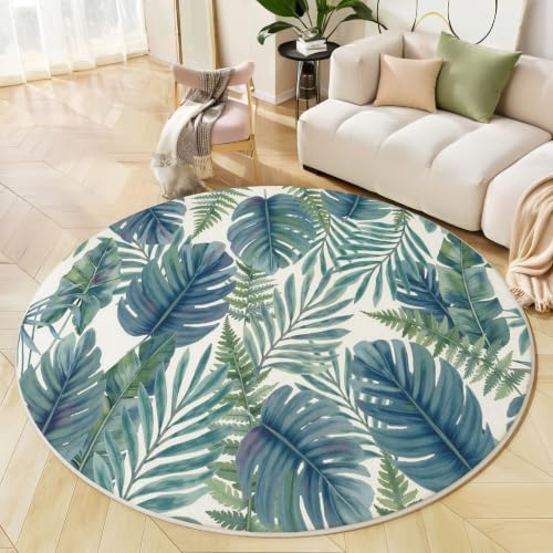 ZISTRCBAO Tappeto Rotondo Acquerello In Stile Tropicale 160cm | Lavabile in Lavatrice, Monstera Deliziosa Foglie Di Palma, Tappeto Rotondo Antiscivolo a Pelo Corto per Soggiorno