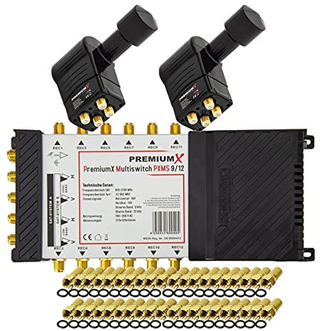 Premium X Multischalter Set 9/12 Multiswitch 2X Multifeed 3° Rocket Quattro LNB 40x F-Stecker, Satverteiler 2 SAT für 12 Teilnehmer