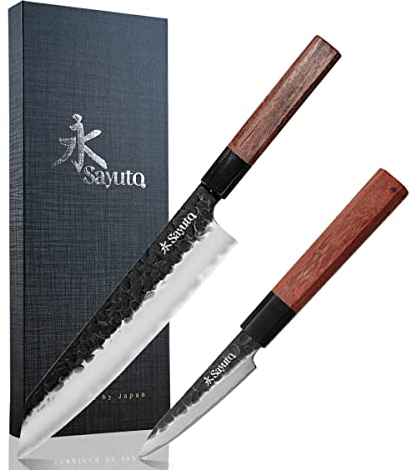 Sayuto - Coffret 2 Couteaux de Cuisine Design Japonais Sequoia San Mai Chef 21cm + Office 9cm - Vendu dans un coffret