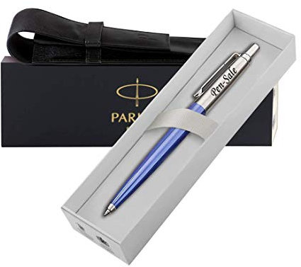 Personalised Engraved Parker Jotter Ballpoint/Fountain Pen/Set in a Leather Pouch, Personalised Gifts For Anniversary, Christmas - Enter Your Custom Text (Blue)