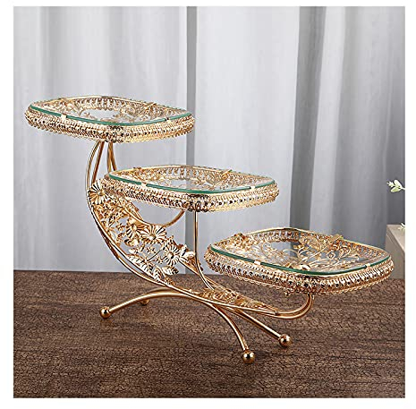 MAOTN Alzata Torta a 3 Piani Quadrata in Vetro per Uso Domestico, Set servire Dolci Staccabile,con Accessori in Metallo,Gold,50 * 30cm