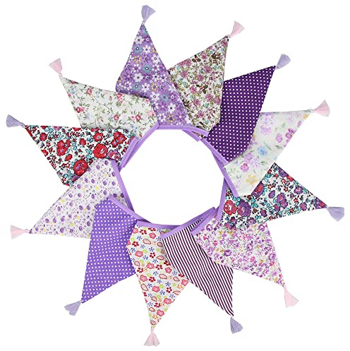 G2PLUS Fabric Bunting Banner with Tassel, 3.3M Double Sided Cotton Tassel Banner with 12 Purple Triangle Pennants, Vintage Cloth Garlands for Nursery Bedroom Playhouse Decoration
