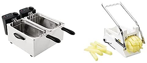 Caterlite Light Duty Fryer with Two 3.5L Tanks and Removable Inner Pot 2 x 2Kw Bundle with KitchenCraft KCBB882 Potato Chipper, Stainless Steel/Plastic Chip Cutter