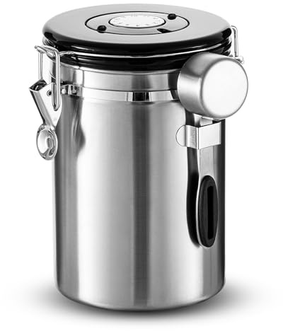 Dyserbuy 1.8L Coffee Bean Storage, Coffee Jar with Date Tracker | Airtight Storage Container with 30ML Measure Scoop & 6 CO2 Valve for Beans, Grounds, Tea, Sugar (Silver)