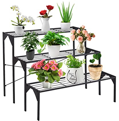 GOPLUS Estantería para Macetas de Metal de 3 Niveles | Organizador Escalera Decorativo para Plantas en Interior y Exterior, Soporte Rectangular para Patio y Terraza, Negro