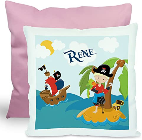 CreaDesign, Kinder Kissen 40x40 cm personalisiert mit Namen, Kinderzimmer Deko Kissen Kinder mit Füllung Federn, Motiv Pirat, Rückenfarbe Rosa