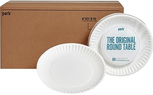 Perk 9 Inch Paper Plates, 1000 Count Bulk, White Disposable Uncoated Plates for Dinner, Parties & Everyday Use