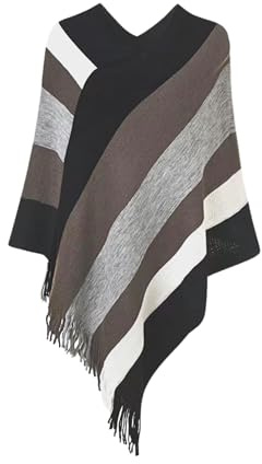 Rayson Poncho Donna Invernale Maglia Caldo Elegante con Frange Righe Scialle Mantella Donna Grande Cappotto Mantello senza Maniche(Nero,Taglia unica)