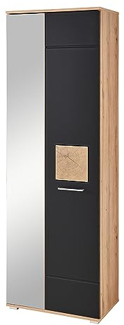 Lomadox Garderobenschrank mit Spiegeltür, Eiche Nb. mit schwarz supermatt, B/H/T ca. 65/195/38 cm