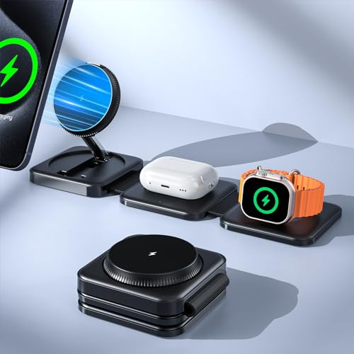 Wireless Charger, Hinyx Mag-safe Charger, Magnetic Foldable Travel Charger, 3 in 1 Wireless Charging Station for iPhone15/14/13/Air Pods 3/2/Apple iWatch Series Ultra2/S2-S9,(with QC 3.0 Adapter)