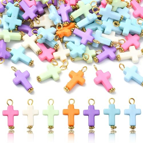 Ipotkitt 100 Ciondoli a Forma di Croce di Gesù in Acrilico - Colorati, Crocifisso, Mini Croce per Bracciali, Collane, Gioielli Fai da Te
