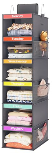 Weekly Kids Kleider-Organizer mit 6 Regalböden, zum Aufhängen, Dunkelgrau | Vliesstoff, 6 Tagesregale, 6 Netz-Seitentaschen, 2 Metallhaken, faltbares Design, für Kinder-Outfits und Zubehör