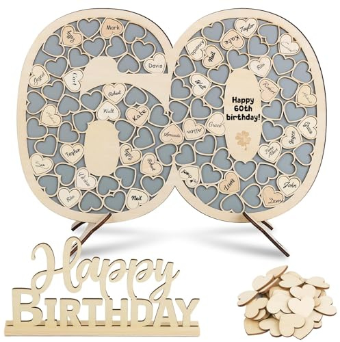 BOFUNX 60 Jahre Gästebuch aus Holz Geburtstag Gästebuch Geburtstagsdeko Geburtstagsgästebuch | 91 Holz Herzen zum Beschriften | 1 Happy Birthday Holzschild | Personalisiert Geburtstagsgeschenke