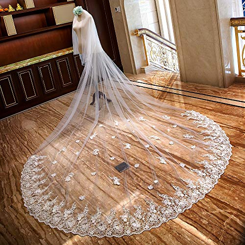 ABNNHK Hochzeitsschleier, Brautschleier, Kathedrale, Hochzeitsschleier, Langer Brautschleier mit Spitzenrand, Hochzeitszubehör für Brautparty (Farbe: Elfenbeinweiß, Größe: 400 cm x 300 cm