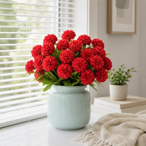 astylishome Flores artificiales de hortensias artificiales con tallos para bodas, ramos de novia, hogar, oficina, fiesta, decoración de arreglos florales, centro de mesa, color rojo 0509