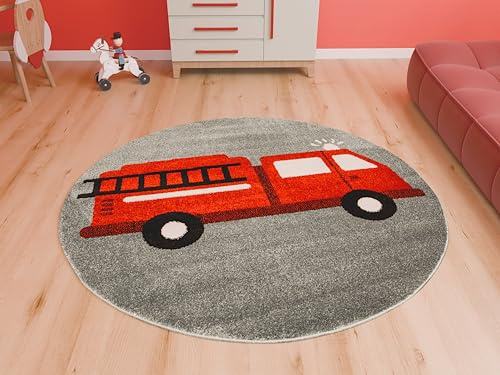 AKCILA Lima runden Kinder Teppich Feuerwehrauto Grau|Rot 120 cm|Kinderzimmer Kurzflor Teppiche | Kinderteppich Jungen |Kids Carpet | Spielteppich Kinder | Babyzimmer Tepich | Wohnzimmer|Schlafzimmer