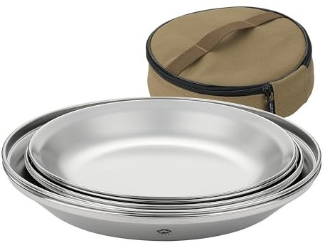 CAMPINGMOON Camping Plates 8 pack set Salad Side Dinner Plate Dishes Outdoor Tableware Stainless Steel with Canvas Case S397-2S