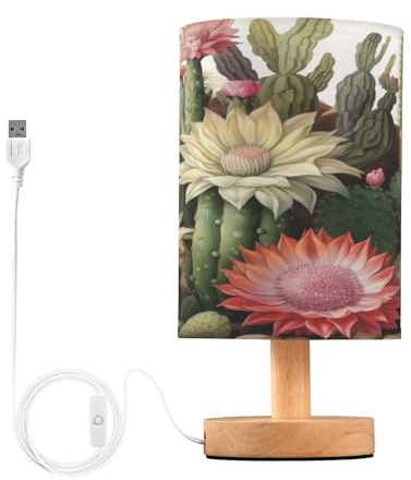 SKYSHU Lampe de chevet en forme de cactus - Petite lampe de bureau LED USB avec base en bois antidérapante et abat-jour agréable pour les yeux - Pour salon, chambre à coucher, dortoir, maison, bureau