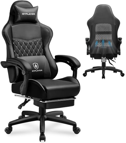 GTPLAYER Chaise Gaming, Chaise de Bureau Ergonomique Réglable en Hauteur, Utilisable en Hiver et en Été, avec Dossier Double, Repose-Pieds, Housse Amovible et Support Lombaire, Supporte 150 kg, Noir