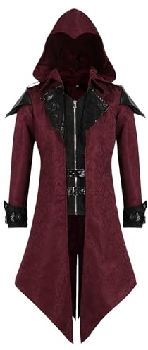 MVFEUIJ Steampunk Herren Jacke mit Kapuze, Gothic Frack Herren Mantel Mittelalter Viktorianischen Palast Vintage Mantel, Halloween Kostüm Karneval Party Cosplay Kleidung (Rot, 2XL)