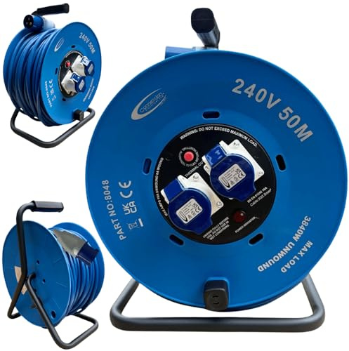 CONNEXION 50m Cable Reel 240V Outdoor Extension Lead 2 Way 16 Amp Sockets and Plug IP44 Rated 2.5mm Heavy Duty Cable Made in UK ideal for Home, Garden and Indoor Events