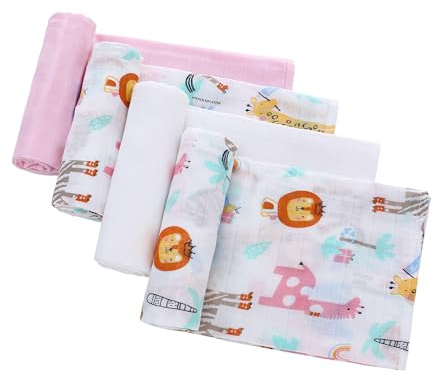 LAT Lot de 4 Lange Bébé en Mousseline de Coton, 70x80cm, Carrés de Mousseline Doux et Respirant Multi-Usage Serviette en Mousseline pour Bébé Nouveauné (Girafe+Rose+Blanc)
