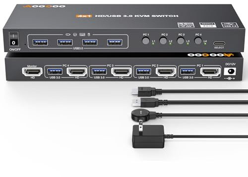 Switch KVM HDMI 4K@60Hz/2K@120Hz, switch KVM HDMI per 4 computer che condividono 1 monitor e 4 dispositivi USB3.0, telecomando cablato e cavo USB incluso