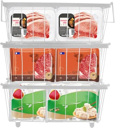 Gefriertruhe Organizer - 3 Stück Körbe für Gefriertruhe & Gefrierschrank, Stapelbar mit Griff, Frostfest, 5–7 Kubikfuß (37,2 x 18,8 x 14 cm)