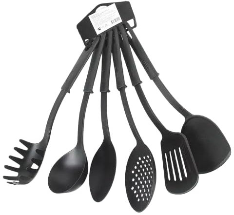 Kitchen Utensils Set 6 Pcs 30cm Non-Stick Cooking Slotted Spoons Turners Spatula Soup Ladle Pasta Fork & Spaghetti Serving Spoon Set Dishwasher Safe Kitchen Tools (Black)