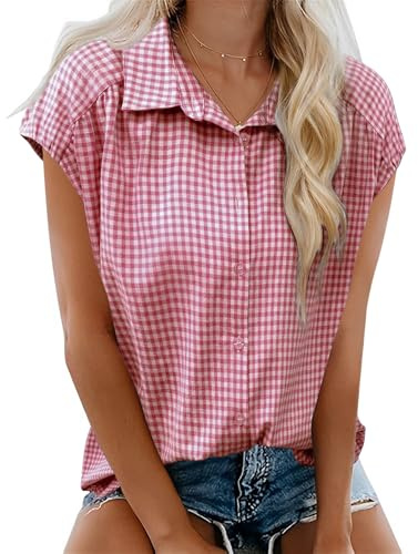 LOMON Womens Button Down Shirts Short Cap Sleeve Summer Cotton V Neck Collared Stripes Blouses Casual Plaid Tops Red and White Plaid M