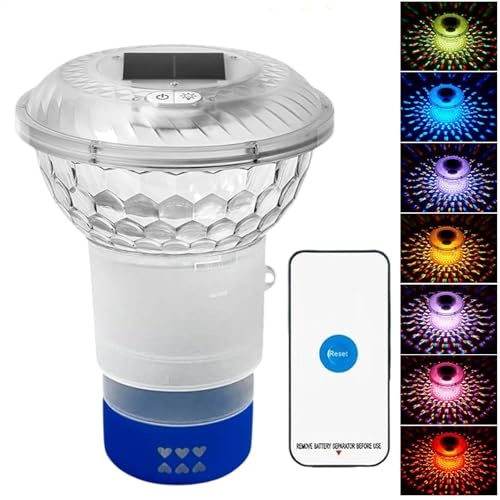 syayw Flotador de cloro para piscina, dispensador de cloro con control remoto solar, clorador de liberación ajustable con luces coloridas para piscina interior y exterior, jacuzzi