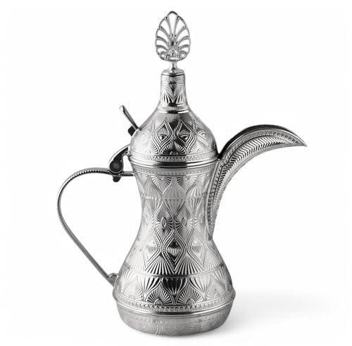 Alisveristime Dekorativer Zamak-Dallah-Krug – elegante Ottomane & Nahöstlich inspirierte Metall-Kaffeekanne für Heimdekoration (25 x 20 x 10 cm) (Silber)