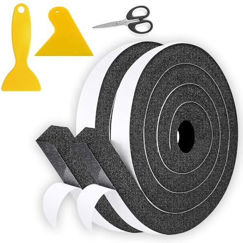 2 Rolls Foam Seal Tape, 25mm(T) × 2m(L) Door Weather Stripping, Weatherproof Foam Tape, Door Insulation Strip with Scraper and Scissors, Soundproof Foam Seal Tape for Window