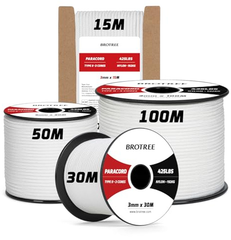 Brotree Paracord 3mm 15M Cuerda 100% Nylon Tipo II 3 Hebras Cuerda Paracord 425 para Exterior, Bricolaje - 192 kg Carga de Rotura (Blanco)