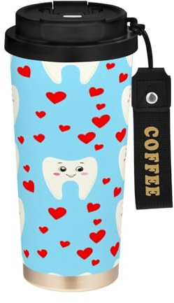 JUMBEAR Taza de viaje aislada al vacío con dientes de dibujos animados, tazas de viaje reutilizables para café, taza de café de acero inoxidable de doble pared a prueba de fugas con tapa para bebidas