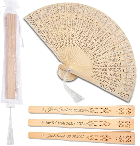 zyinoant 20 Abanicos de Madera Personalizados para Bodas – Detalles para Invitados, Abanicos Plegables con Bolsitas de Hilo y Borlas (20)