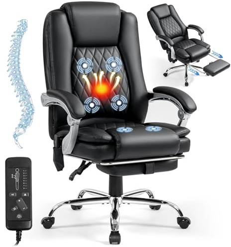 Mvpipi Massage Office Chair with Foot Rest - Ergonomic Executive Chair, High Back Reclining Leather Desk Chair with 135° Recline, 400 LBS, 6-Point Vibration and Heat, Classic