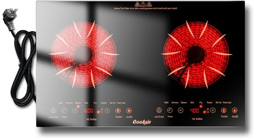 Cooksir Plaque Vitrocéramique 2 Feux avec Prise, Plaque de Cuisson Électrique 60CM à Encastrer, Montage ou Mobile, Commande Tactile Horizontale Indépendante, Verrouillage de Sécurité, 220V