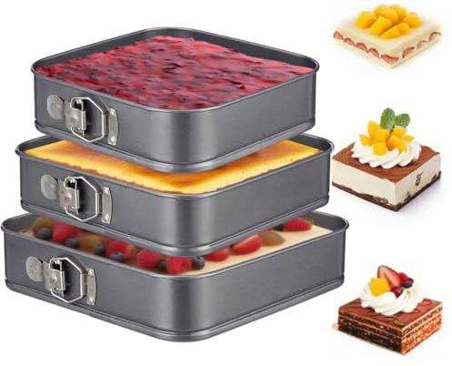 Square Springform Cake Pan 9.5inch,10inch,11inch, Set of 3 non stick leakproof cake baking pans with removable bottom