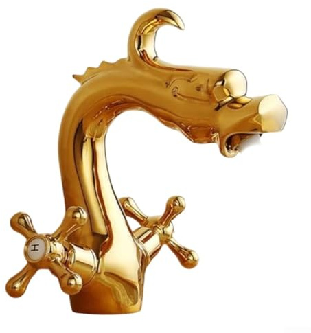 Grifo de baño de latón para lavabo dorado, grifos calientes y fríos, diseño en forma de dragón con doble mango cruzado para lavabo de tocador