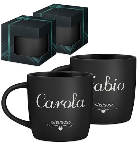 Maverton Set di 2 Tazze Colazione, Due Tazze Personalizzate in Ceramica | Nere Opache, Tazzine Caffe per Coppia con Dedica Incisa, Idee Regalo Fidanzato Anniversario Genitori