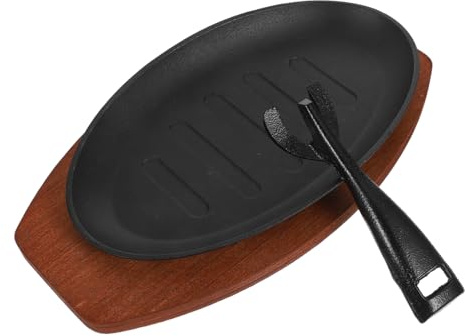 STOBAZA Cast Iron Skillet with Wooden Base and Fork Striped Grill Pan for Western Cuisine and Teppanyaki Oven Safe Mini Ramekin Casserole Dish Nonstick Seasoned Cookware for Kitchen and