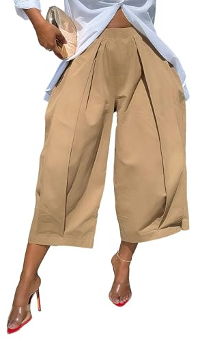 oshoplive Womens High Waisted Wide Leg Cropped Pants Loose Fit Ankle Palazzo Trousers for Women with Pockets Casual Summer Wear Khaki L
